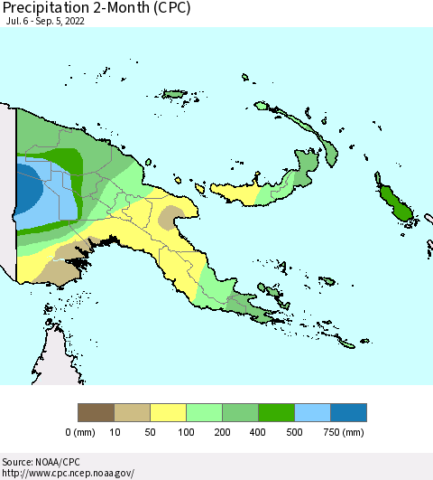 Papua New Guinea Precipitation 2-Month (CPC) Thematic Map For 7/6/2022 - 9/5/2022