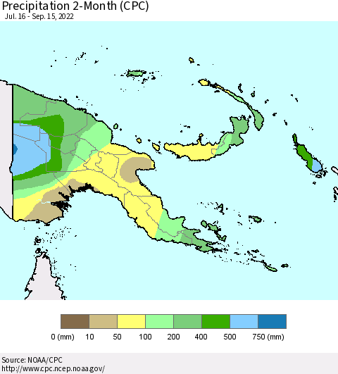 Papua New Guinea Precipitation 2-Month (CPC) Thematic Map For 7/16/2022 - 9/15/2022