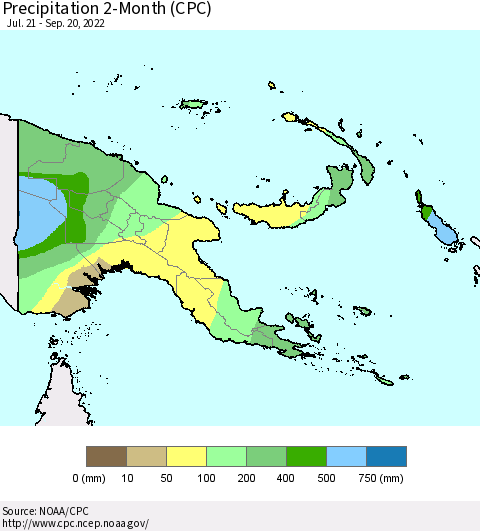 Papua New Guinea Precipitation 2-Month (CPC) Thematic Map For 7/21/2022 - 9/20/2022