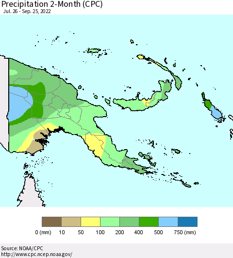 Papua New Guinea Precipitation 2-Month (CPC) Thematic Map For 7/26/2022 - 9/25/2022