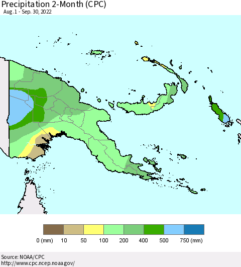 Papua New Guinea Precipitation 2-Month (CPC) Thematic Map For 8/1/2022 - 9/30/2022