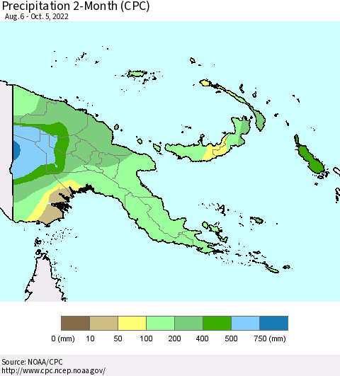 Papua New Guinea Precipitation 2-Month (CPC) Thematic Map For 8/6/2022 - 10/5/2022