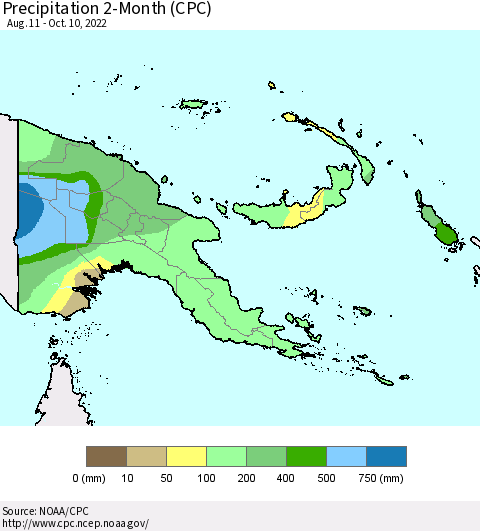 Papua New Guinea Precipitation 2-Month (CPC) Thematic Map For 8/11/2022 - 10/10/2022