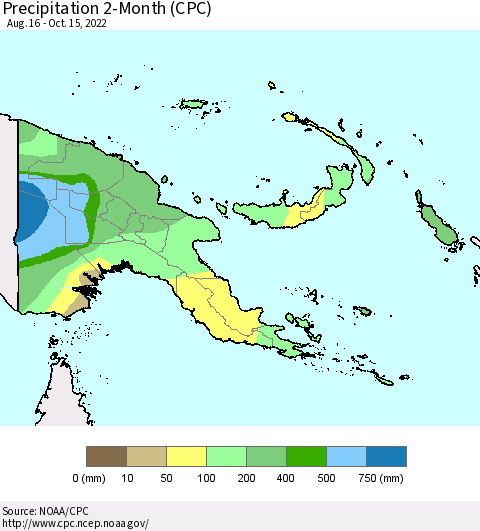 Papua New Guinea Precipitation 2-Month (CPC) Thematic Map For 8/16/2022 - 10/15/2022