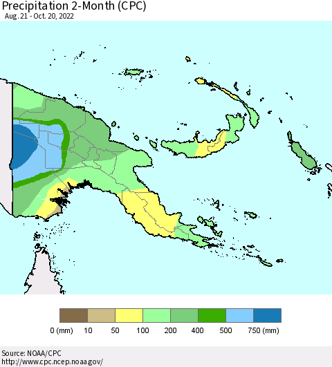 Papua New Guinea Precipitation 2-Month (CPC) Thematic Map For 8/21/2022 - 10/20/2022