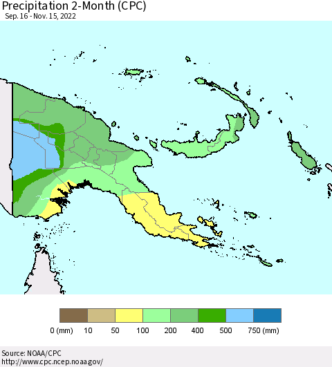 Papua New Guinea Precipitation 2-Month (CPC) Thematic Map For 9/16/2022 - 11/15/2022