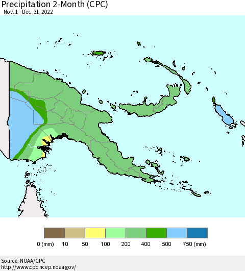 Papua New Guinea Precipitation 2-Month (CPC) Thematic Map For 11/1/2022 - 12/31/2022