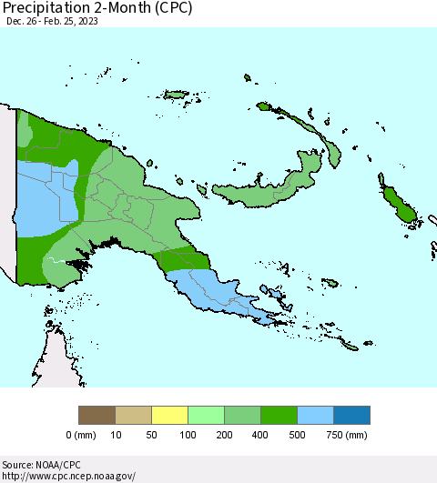 Papua New Guinea Precipitation 2-Month (CPC) Thematic Map For 12/26/2022 - 2/25/2023