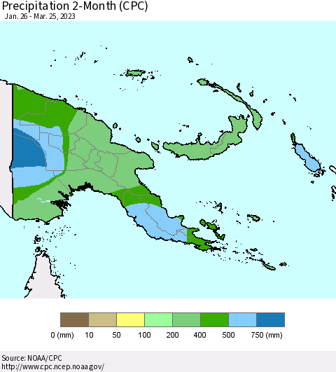 Papua New Guinea Precipitation 2-Month (CPC) Thematic Map For 1/26/2023 - 3/25/2023