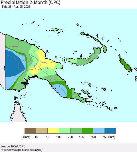 Papua New Guinea Precipitation 2-Month (CPC) Thematic Map For 2/26/2023 - 4/25/2023