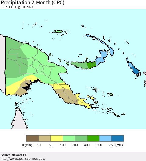 Papua New Guinea Precipitation 2-Month (CPC) Thematic Map For 6/11/2023 - 8/10/2023