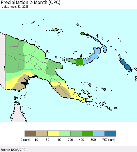 Papua New Guinea Precipitation 2-Month (CPC) Thematic Map For 7/1/2023 - 8/31/2023