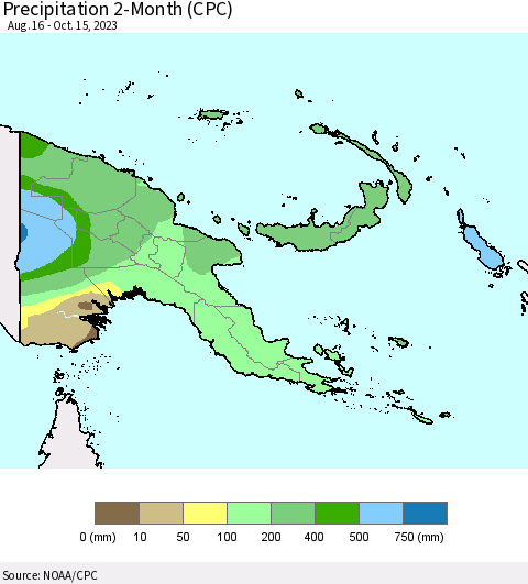 Papua New Guinea Precipitation 2-Month (CPC) Thematic Map For 8/16/2023 - 10/15/2023