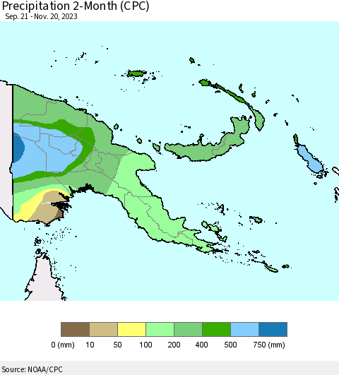 Papua New Guinea Precipitation 2-Month (CPC) Thematic Map For 9/21/2023 - 11/20/2023