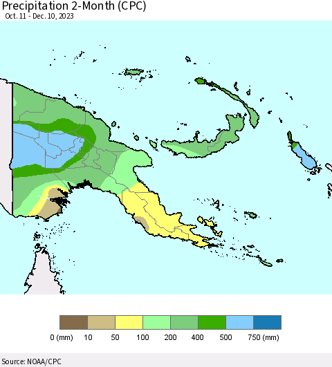 Papua New Guinea Precipitation 2-Month (CPC) Thematic Map For 10/11/2023 - 12/10/2023
