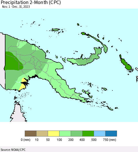 Papua New Guinea Precipitation 2-Month (CPC) Thematic Map For 11/1/2023 - 12/31/2023