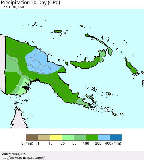 Papua New Guinea Precipitation 10-Day (CPC) Thematic Map For 1/1/2020 - 1/10/2020