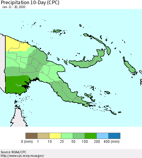 Papua New Guinea Precipitation 10-Day (CPC) Thematic Map For 1/11/2020 - 1/20/2020