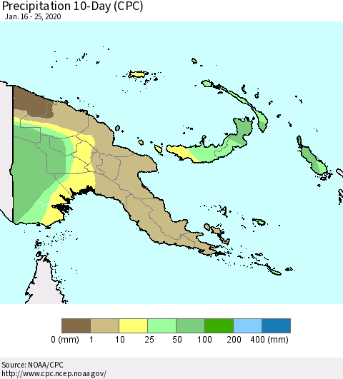 Papua New Guinea Precipitation 10-Day (CPC) Thematic Map For 1/16/2020 - 1/25/2020