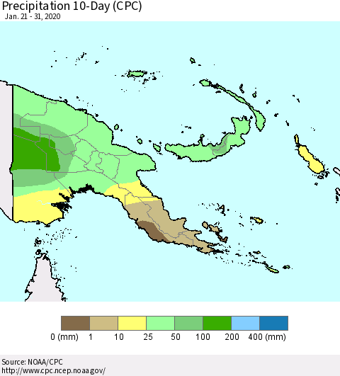 Papua New Guinea Precipitation 10-Day (CPC) Thematic Map For 1/21/2020 - 1/31/2020