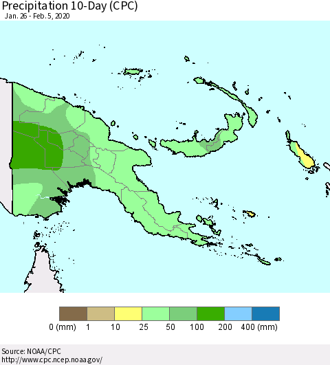Papua New Guinea Precipitation 10-Day (CPC) Thematic Map For 1/26/2020 - 2/5/2020