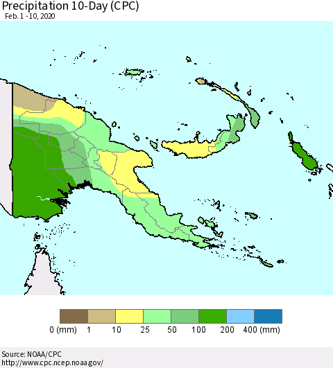 Papua New Guinea Precipitation 10-Day (CPC) Thematic Map For 2/1/2020 - 2/10/2020