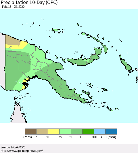 Papua New Guinea Precipitation 10-Day (CPC) Thematic Map For 2/16/2020 - 2/25/2020