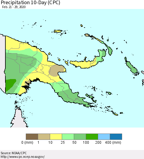 Papua New Guinea Precipitation 10-Day (CPC) Thematic Map For 2/21/2020 - 2/29/2020