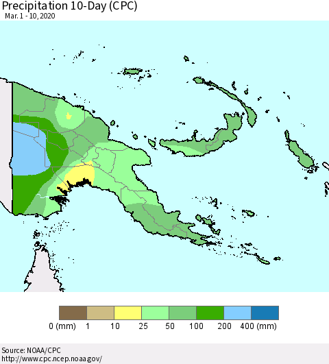 Papua New Guinea Precipitation 10-Day (CPC) Thematic Map For 3/1/2020 - 3/10/2020