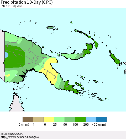 Papua New Guinea Precipitation 10-Day (CPC) Thematic Map For 3/11/2020 - 3/20/2020