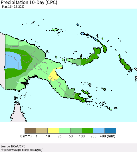 Papua New Guinea Precipitation 10-Day (CPC) Thematic Map For 3/16/2020 - 3/25/2020