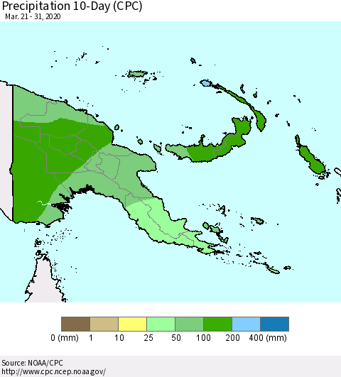 Papua New Guinea Precipitation 10-Day (CPC) Thematic Map For 3/21/2020 - 3/31/2020