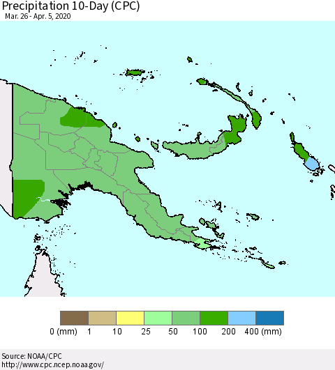 Papua New Guinea Precipitation 10-Day (CPC) Thematic Map For 3/26/2020 - 4/5/2020