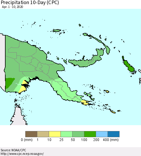 Papua New Guinea Precipitation 10-Day (CPC) Thematic Map For 4/1/2020 - 4/10/2020