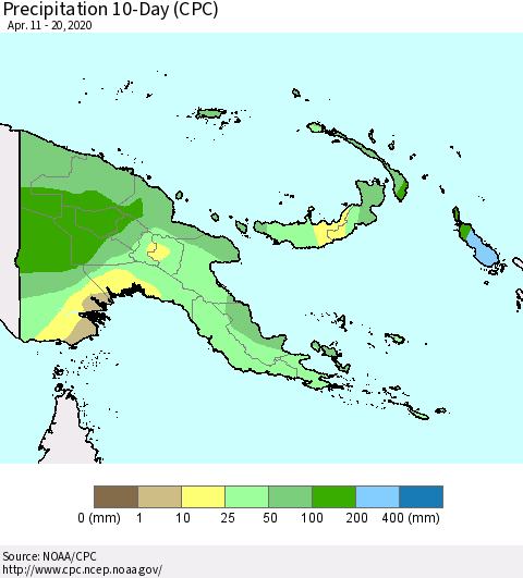 Papua New Guinea Precipitation 10-Day (CPC) Thematic Map For 4/11/2020 - 4/20/2020