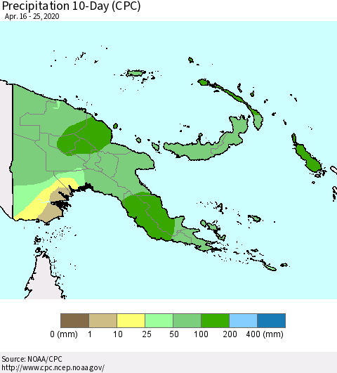 Papua New Guinea Precipitation 10-Day (CPC) Thematic Map For 4/16/2020 - 4/25/2020
