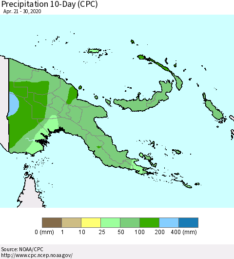 Papua New Guinea Precipitation 10-Day (CPC) Thematic Map For 4/21/2020 - 4/30/2020