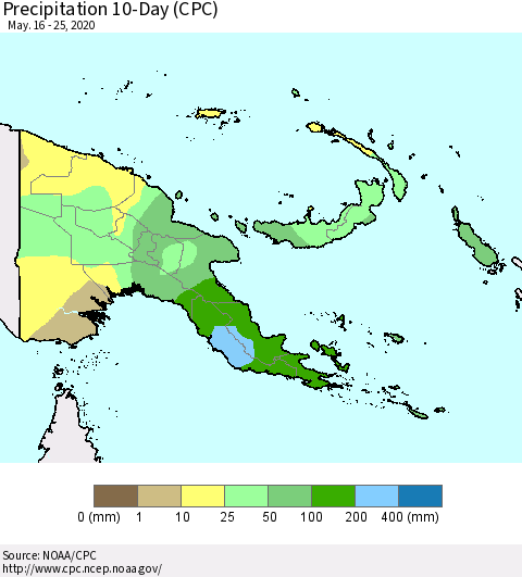 Papua New Guinea Precipitation 10-Day (CPC) Thematic Map For 5/16/2020 - 5/25/2020