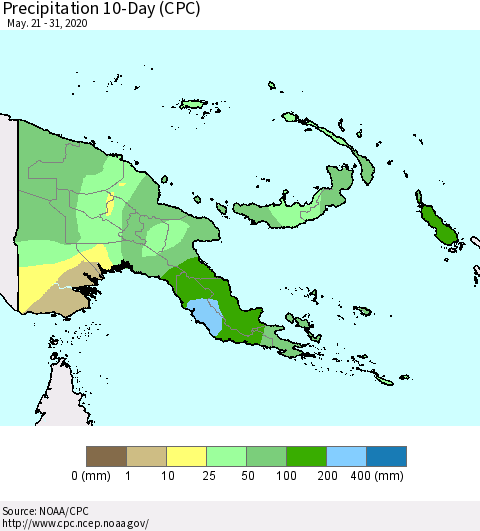 Papua New Guinea Precipitation 10-Day (CPC) Thematic Map For 5/21/2020 - 5/31/2020