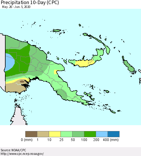 Papua New Guinea Precipitation 10-Day (CPC) Thematic Map For 5/26/2020 - 6/5/2020