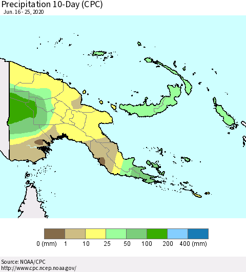 Papua New Guinea Precipitation 10-Day (CPC) Thematic Map For 6/16/2020 - 6/25/2020