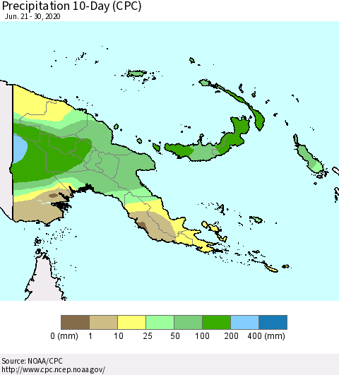 Papua New Guinea Precipitation 10-Day (CPC) Thematic Map For 6/21/2020 - 6/30/2020