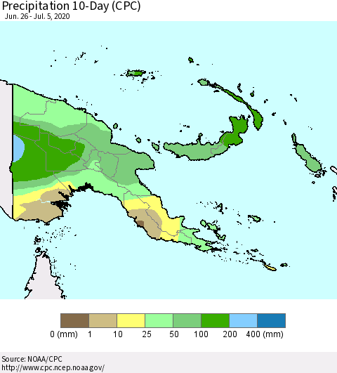 Papua New Guinea Precipitation 10-Day (CPC) Thematic Map For 6/26/2020 - 7/5/2020