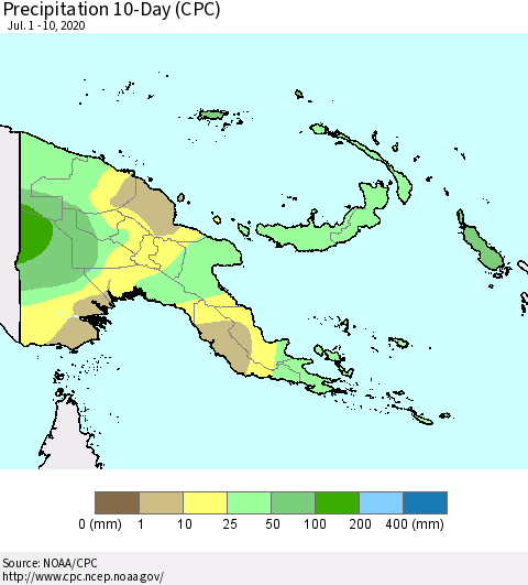 Papua New Guinea Precipitation 10-Day (CPC) Thematic Map For 7/1/2020 - 7/10/2020