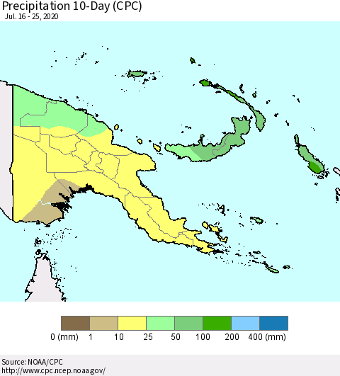 Papua New Guinea Precipitation 10-Day (CPC) Thematic Map For 7/16/2020 - 7/25/2020