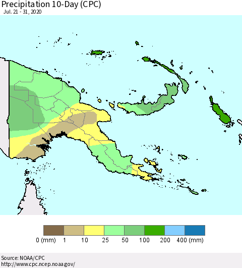 Papua New Guinea Precipitation 10-Day (CPC) Thematic Map For 7/21/2020 - 7/31/2020