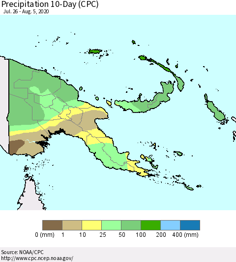 Papua New Guinea Precipitation 10-Day (CPC) Thematic Map For 7/26/2020 - 8/5/2020
