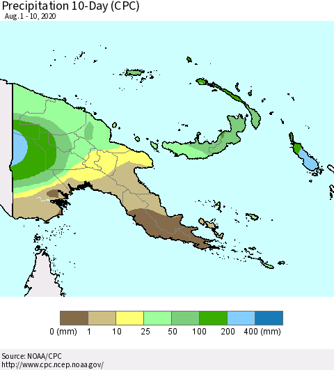 Papua New Guinea Precipitation 10-Day (CPC) Thematic Map For 8/1/2020 - 8/10/2020