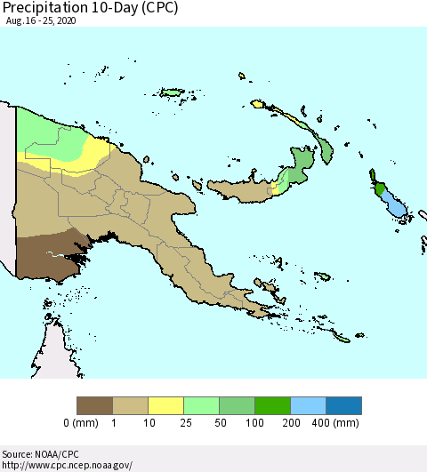 Papua New Guinea Precipitation 10-Day (CPC) Thematic Map For 8/16/2020 - 8/25/2020