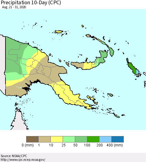Papua New Guinea Precipitation 10-Day (CPC) Thematic Map For 8/21/2020 - 8/31/2020